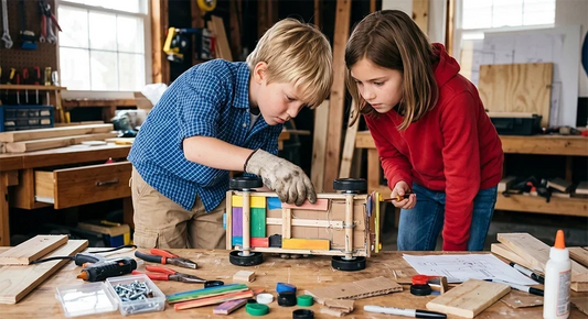 Child investigating why a handmade toy car stopped moving
