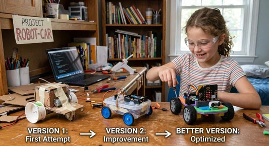 Child improving a hands-on design through testing feedback and revision