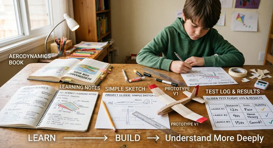 Child applying knowledge through hands-on creation testing and improvement