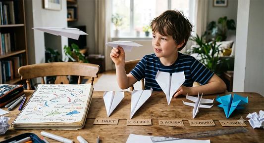 Child improving paper airplane designs through creative experimentation