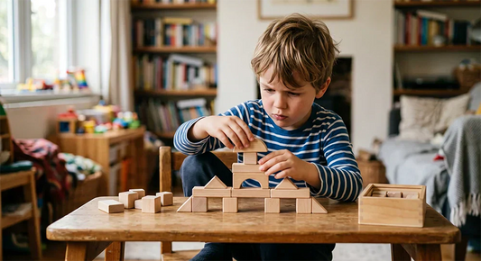 Child developing creative thinking by building with limited materials