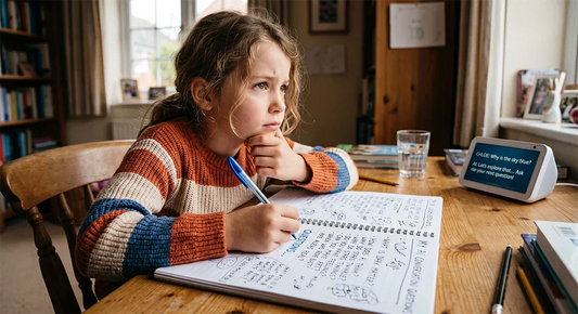Child developing critical thinking by asking thoughtful questions while using AI