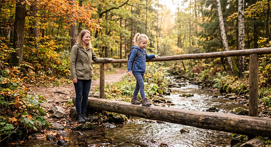 Child building confidence by balancing across a log with adult supervision
