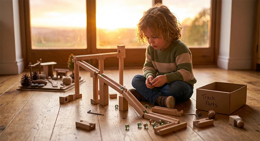 Child learning from mistakes while rebuilding a marble run