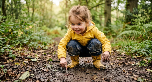 Child exploring muddy ground during messy outdoor play