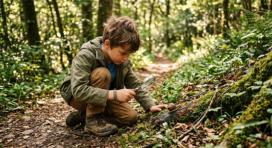 Child exploring nature with a magnifying glass during outdoor learning