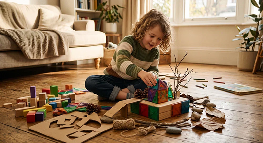 Child enjoying open-ended play through creative building and imagination