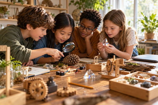 Children exploring real objects and asking questions in an AI-rich world