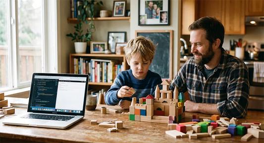 Father encouraging a child to think independently through hands-on learning in the AI era