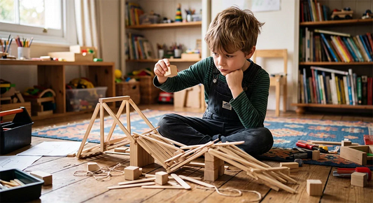 Child developing problem-solving skills by rebuilding a wooden bridge
