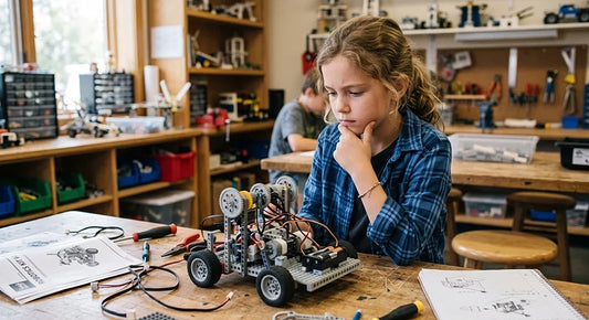 Child developing problem solving skills through hands-on building challenges