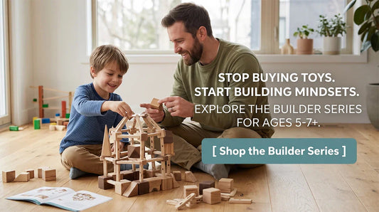A father and child collaborating on a complex three-dimensional block structure using PINOER non-toxic building kits.