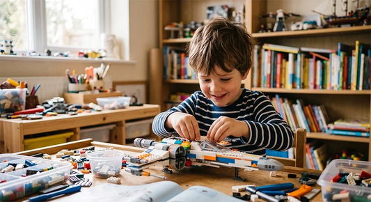 Child finishing a handmade spaceship model with focus and determination