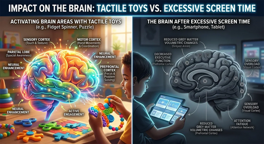 A visual comparison showing fidget puzzles exciting sensory motor cortex in kids versus smartphone usage causing sensory overload and reduced executive function.
