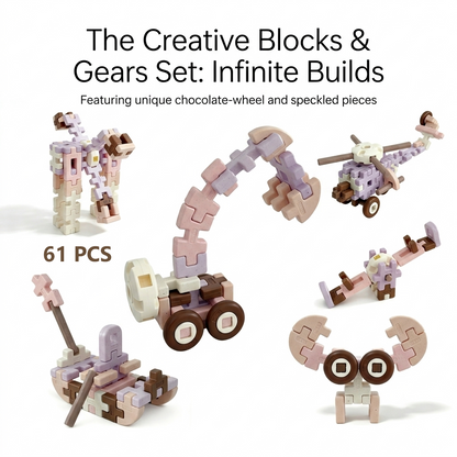 PINOER Builders B7 61-piece creative blocks and gears set displaying speckled crane, helicopter, and animal models.