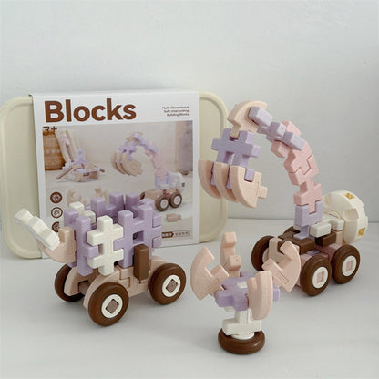 Close-up of a hinged mechanical crane arm built with PINOER speckled blocks and brown chocolate-wheels.