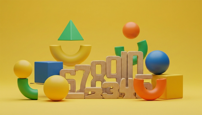 Colorful geometric shapes and wooden numbers on a yellow background