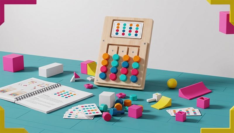 Wooden educational toy with colorful buttons on a blue surface with various geometric shapes and a notebook.