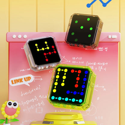 Three colorful PINOER T7 electronic brain training handheld consoles with glowing LED logic screens.