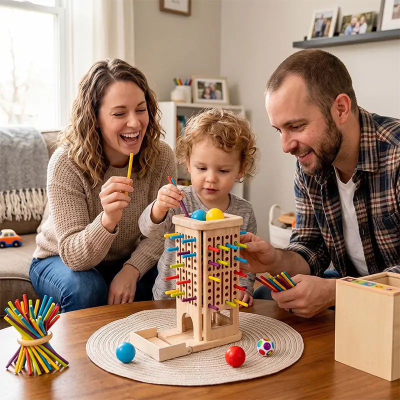 A couple is playing with Montessori toys with their child.
