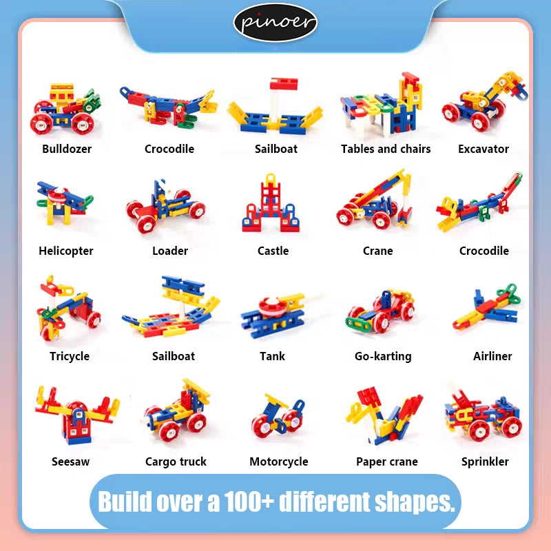 Close-up of 39 pieces of colorful H-shape and A-shape interlocking joint blocks on a white background.