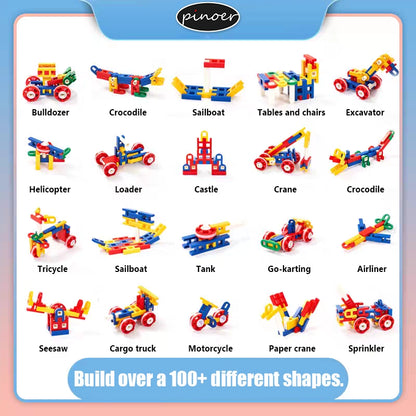 Close-up of 39 pieces of colorful H-shape and A-shape interlocking joint blocks on a white background.