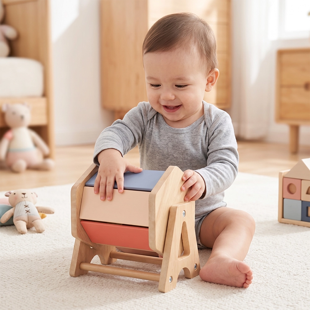 An infant doing tummy time and reaching for the PINOER wooden rainbow spinner toy.