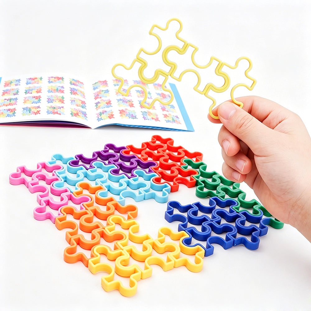 Child fingers rotating and snapping a geometric polymer token into the matrix logic puzzle board