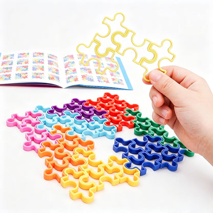Child fingers rotating and snapping a geometric polymer token into the matrix logic puzzle board