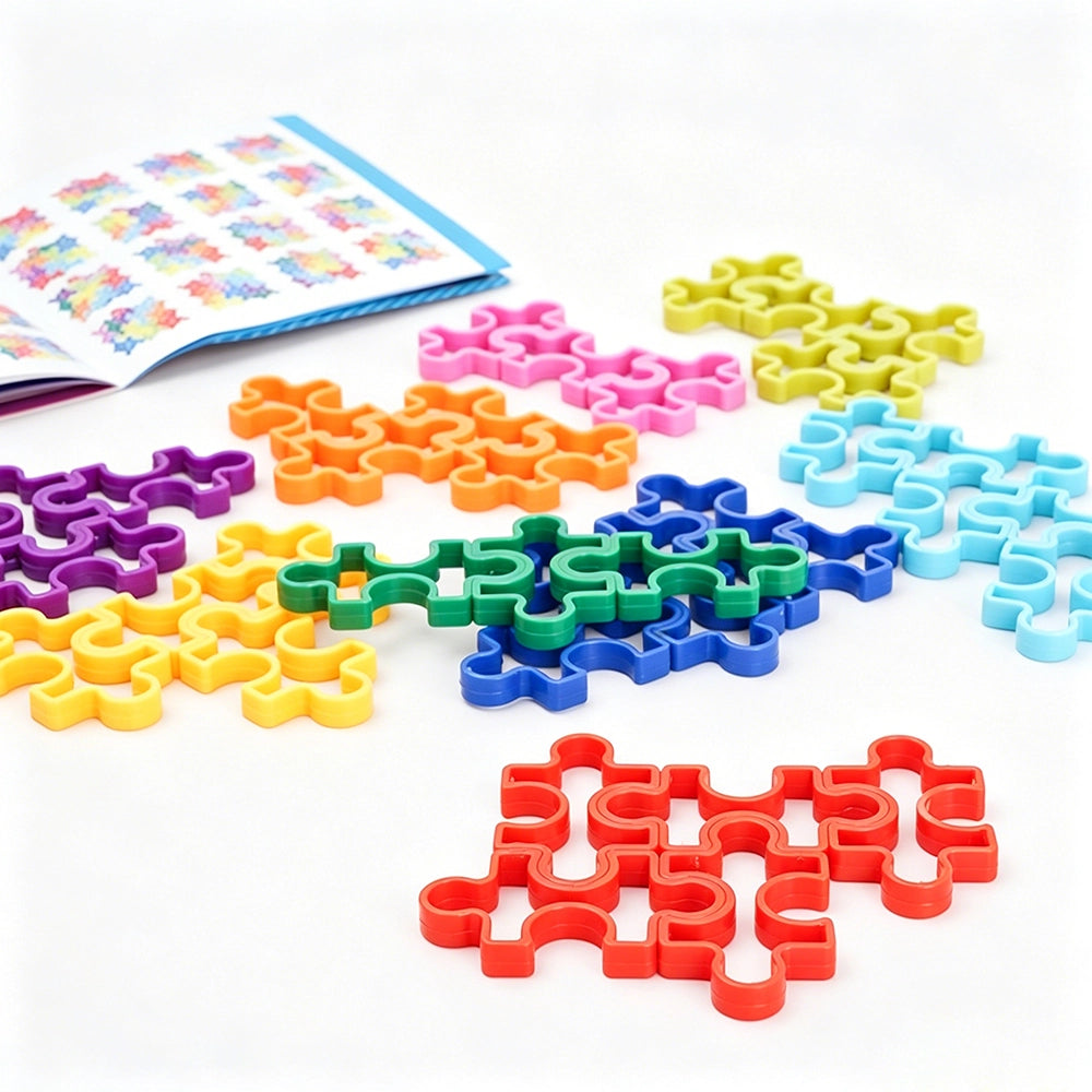 Close-up of colorful non-toxic geometric puzzle pieces aligning over a logic card on PINOER B5