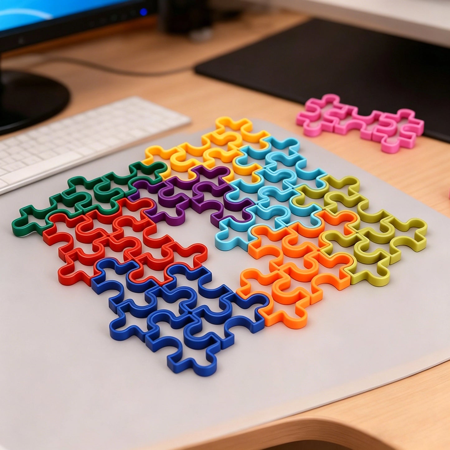 Colorful boundary-free mathematical tessellation blocks forming a unified grid without frames.