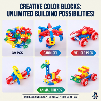 PINOER Builders B6 39-piece creative color blocks showcasing carousel, vehicle pack, and animal friends.