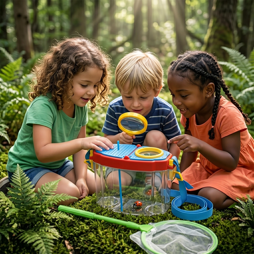 kids observing a ladybug inside the PINOER E1 insect box during camping.