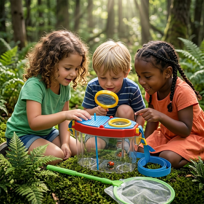 kids observing a ladybug inside the PINOER E1 insect box during camping.