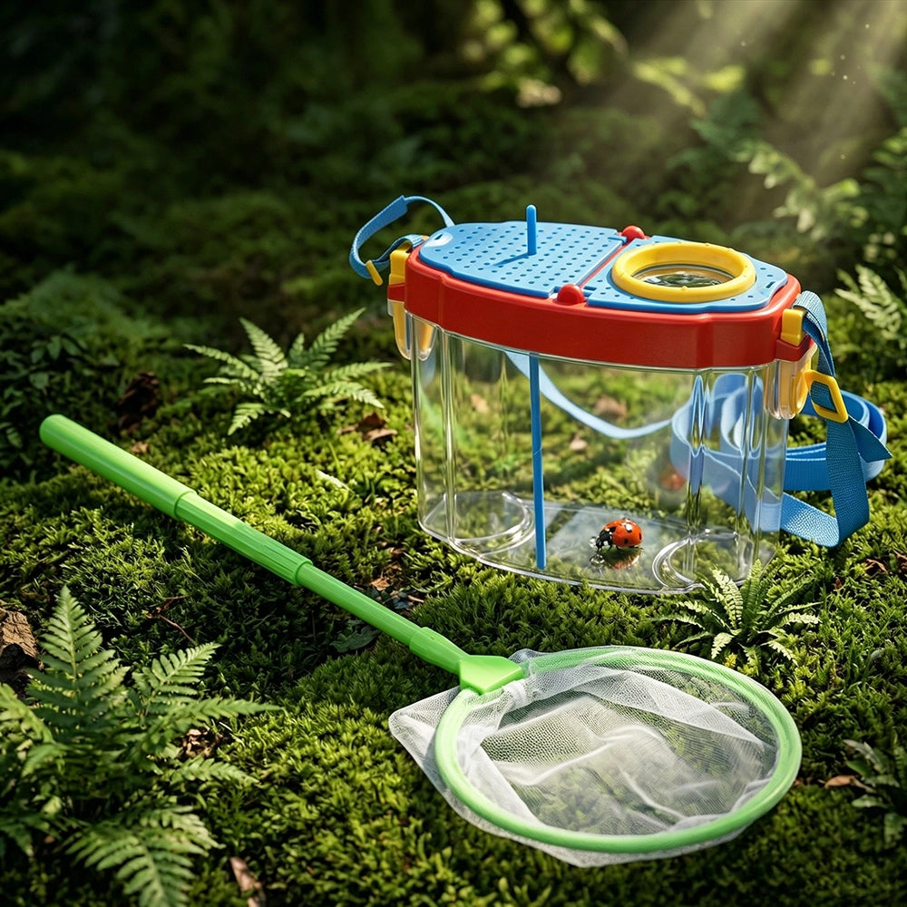 Full contents of PINOER Explorers E1` science toy kit showing the carrying strap and tweezers.